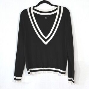Plus Size Black White Striped Varsity deep V-Neck Knit Sweater 1X dark academia